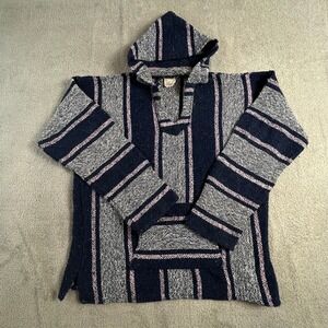 Senor Lopez Mexican Baja Hoodie Navy Blue Pink Striped Rug Pullover Large